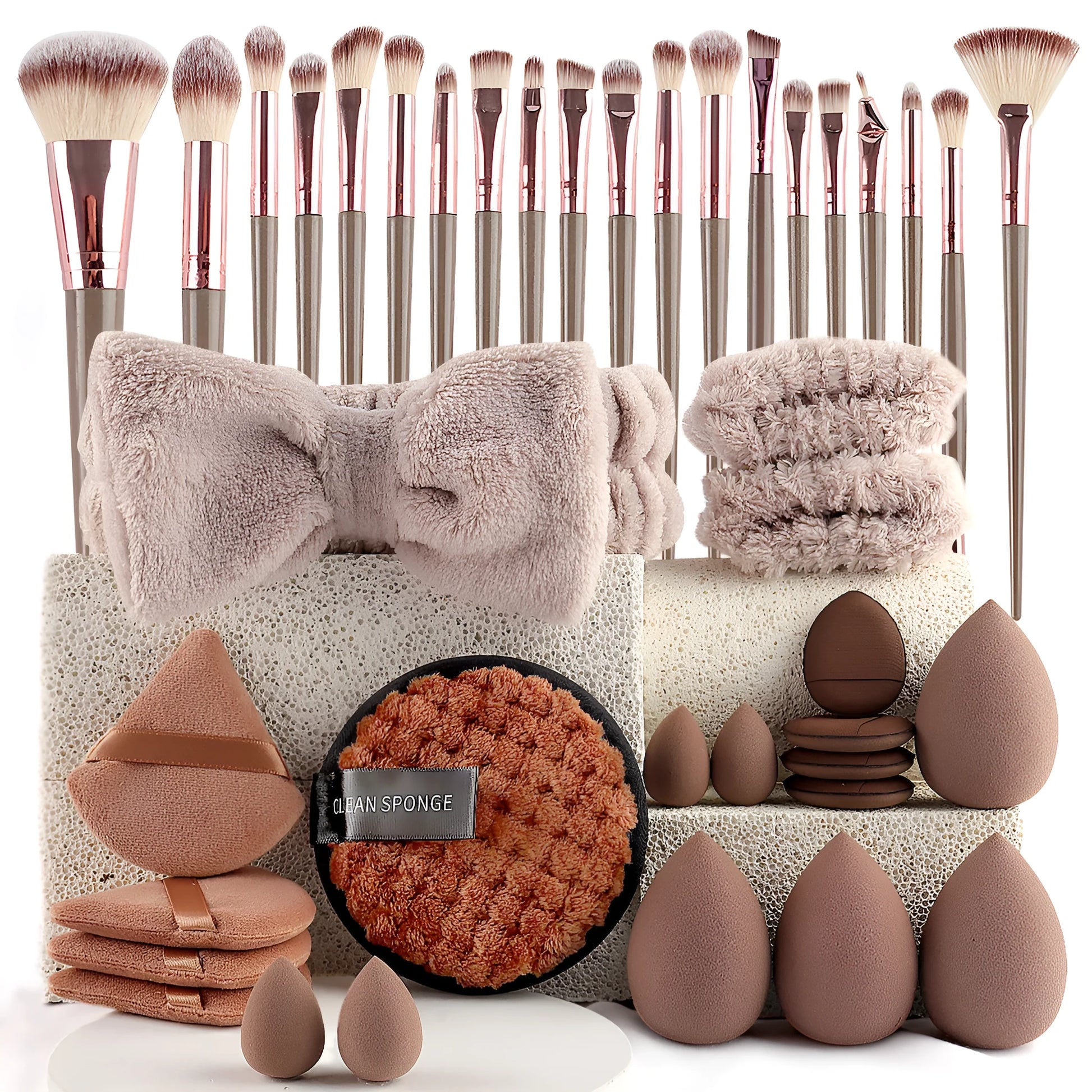 Beauty tool set with hydrophilic non-latex tools for facial cleansing and makeup application in various colours
