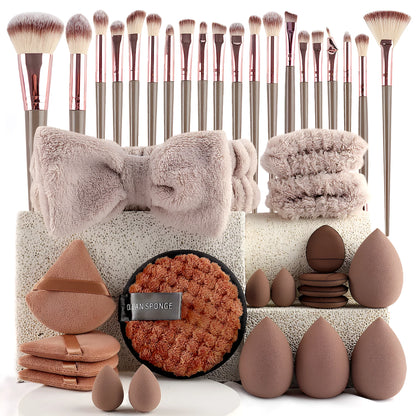 Beauty tool set with hydrophilic non-latex tools for facial cleansing and makeup application in various colours