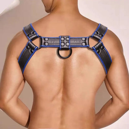 Blue and black leather party shoulder strap with metal buckle rivet and adjustable binding