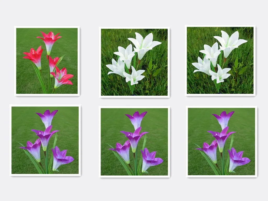 2 pack solar LED lily flower stake lights, purple and white, colour changing, IP65 waterproof, 26.5 inch garden decoration
