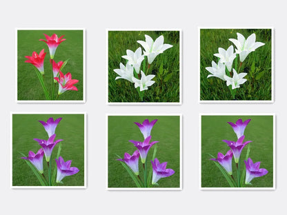 2 pack solar LED lily flower stake lights, purple and white, colour changing, IP65 waterproof, 26.5 inch garden decoration