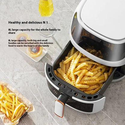Black 8L air fryer with visual touch screen and 1400W power, product size 320x270x272mm