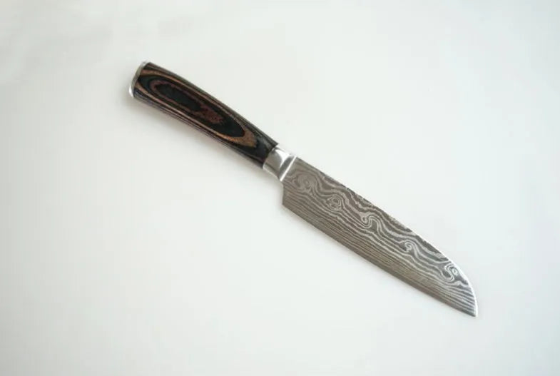 Professional chef knife with laser-etched Damascus pattern on 7Cr17 steel blade and coloured wood handle.