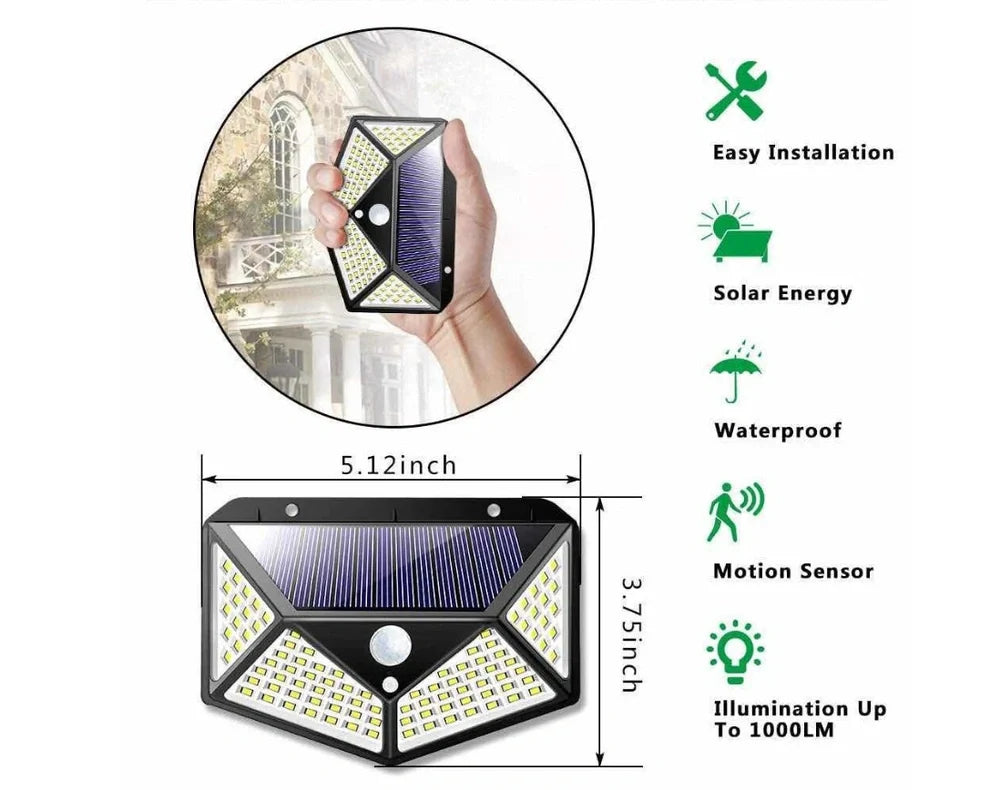 Solar-powered motion sensor wall lamp with 100 LED lights measuring 13x9.5x5cm