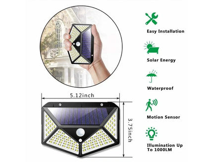 Solar-powered motion sensor wall lamp with 100 LED lights measuring 13x9.5x5cm