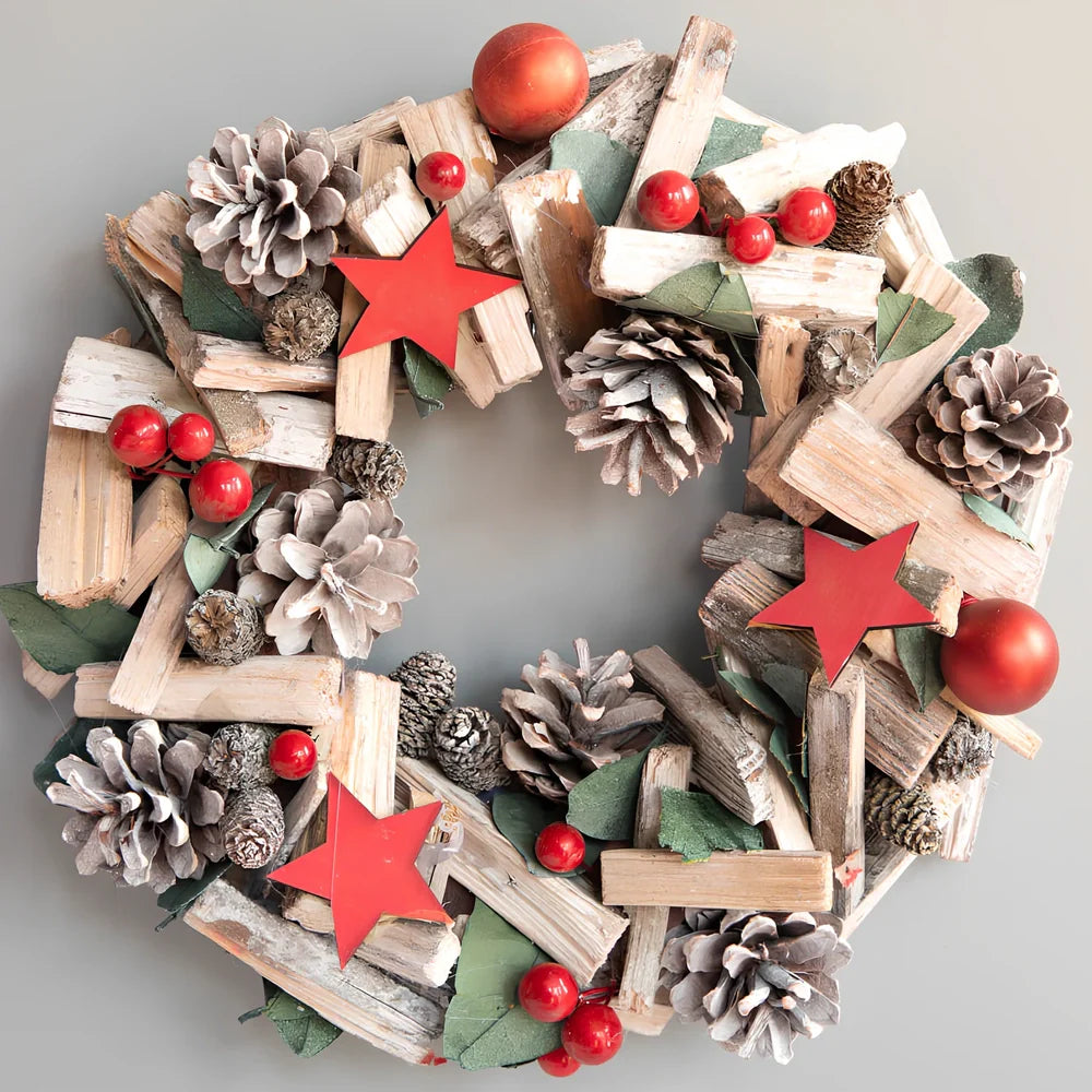 Nordic Porvoo Christmas wreath collection showing five size options from 18cm to 34cm in red and silver colours