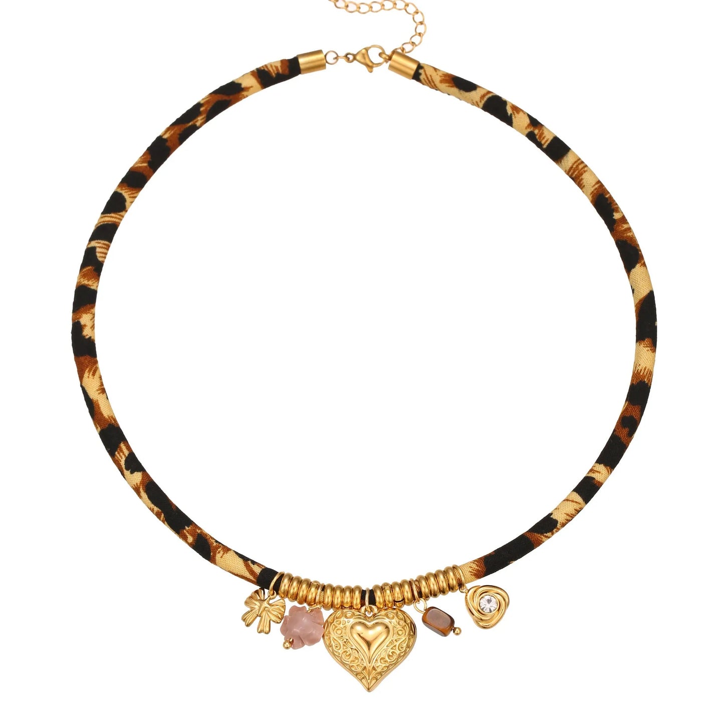Stainless steel necklace with geometric leopard pendant on adjustable chain, 18K electroplated finish