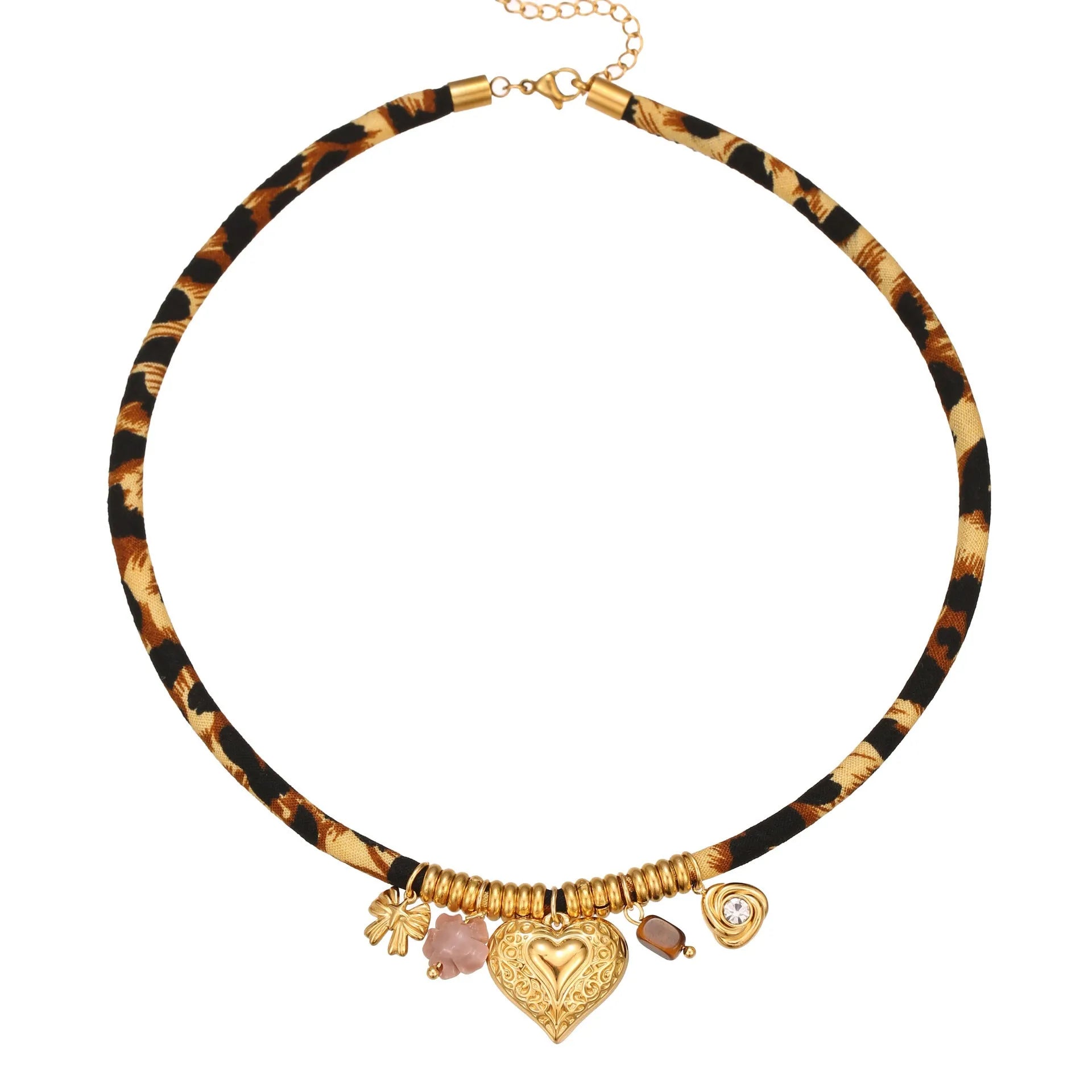 Stainless steel necklace with geometric leopard pendant on adjustable chain, 18K electroplated finish