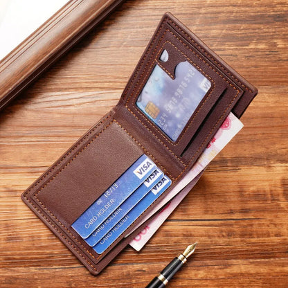 Men's three-fold PU leather wallet with multiple card slots in black, brown and dark coffee colours
