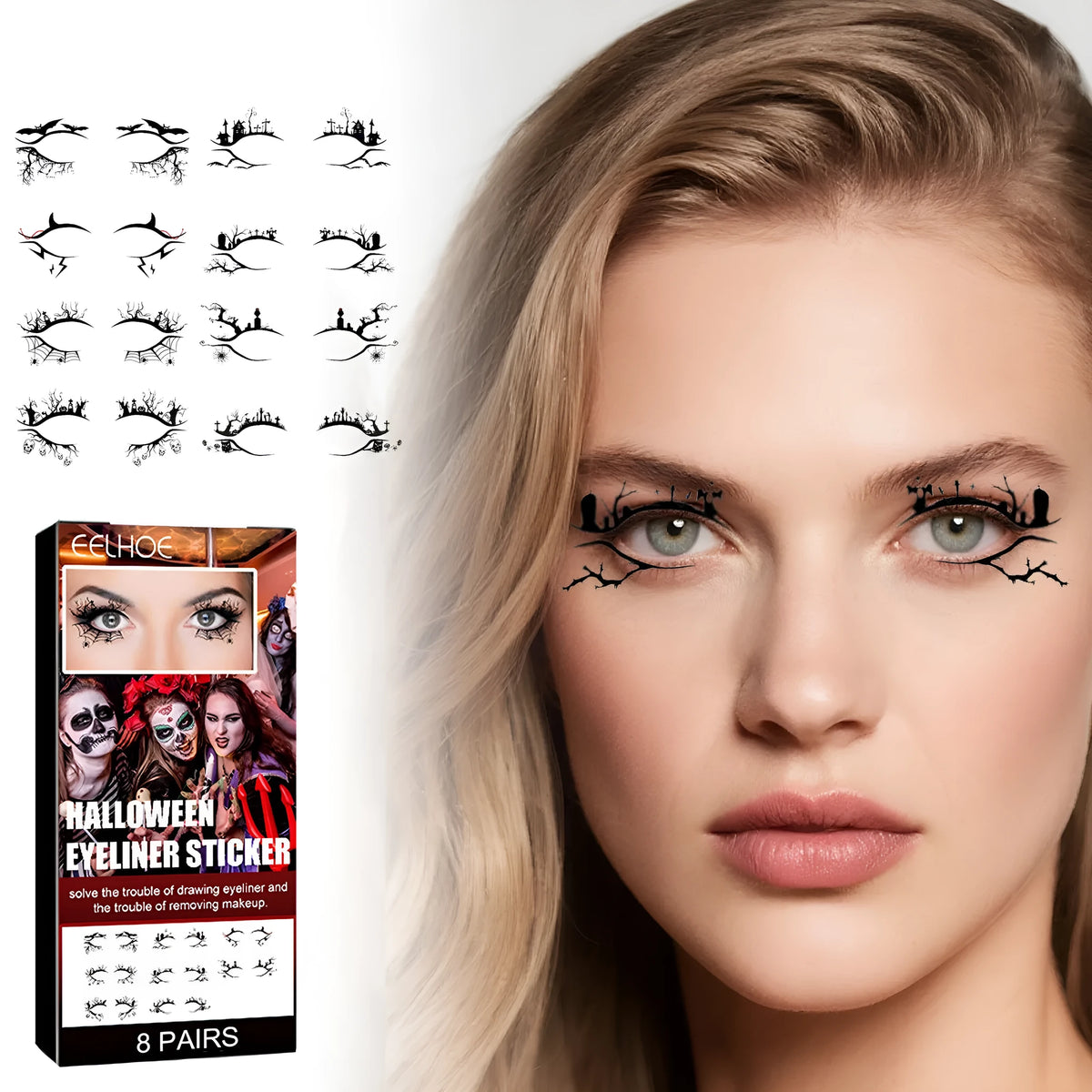 Bat and spider shaped eyeliner sticker set with 8 pairs for Halloween face makeup