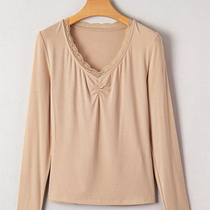 Women's solid colour long sleeve casual top with lace trim in slim fit Japanese Korean style