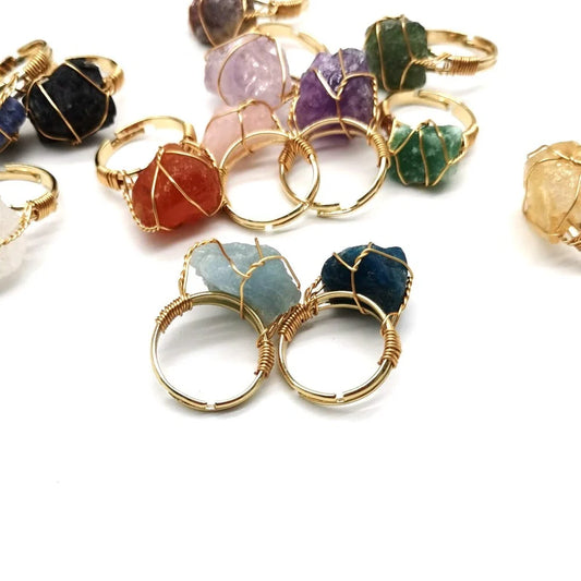 Adjustable hand-wrapped rough stone agate ring in various colours with ethnic design