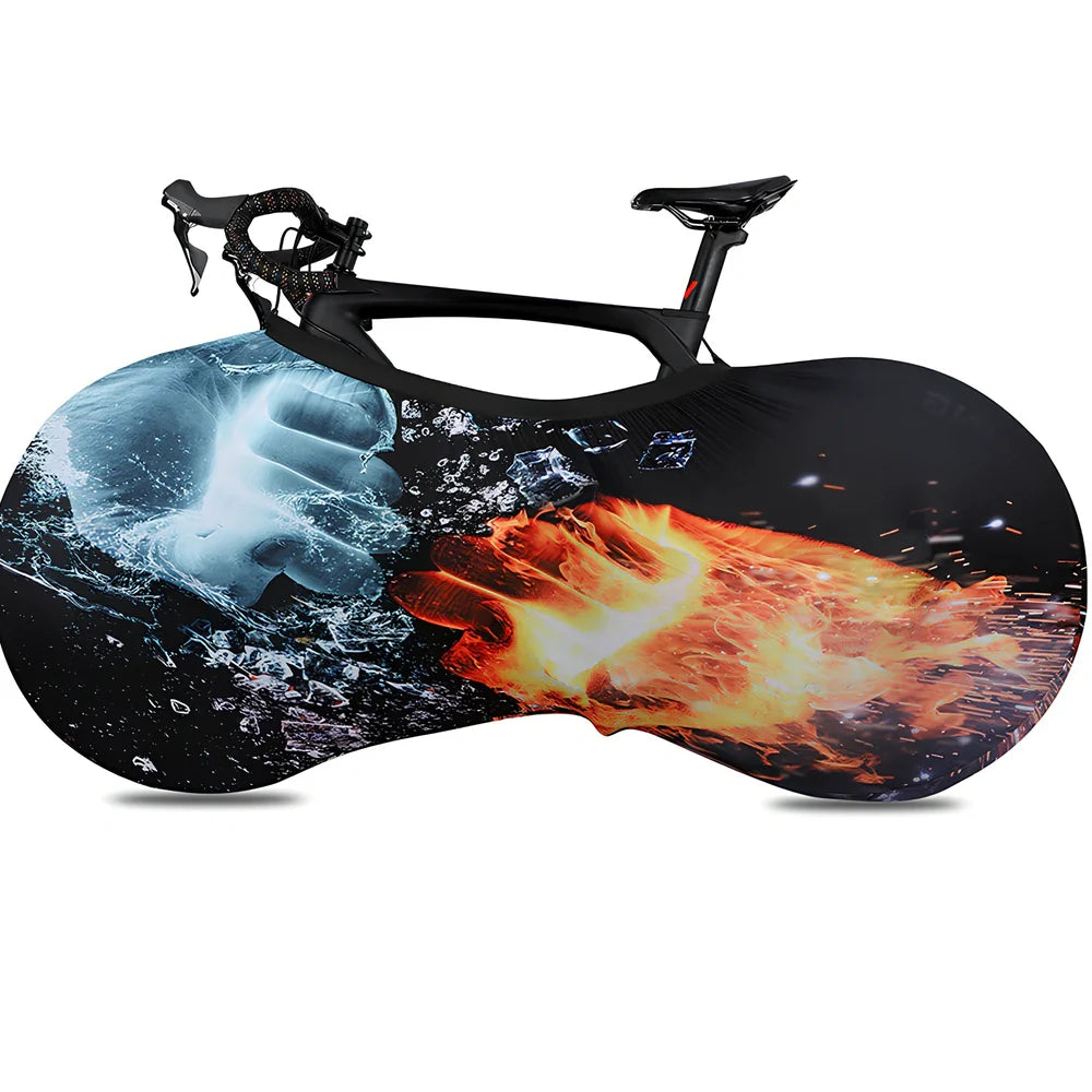 Black polyester-spandex bicycle wheel dust cover, 149cm length, adjustable 48-58cm height for 24-29 inch wheels