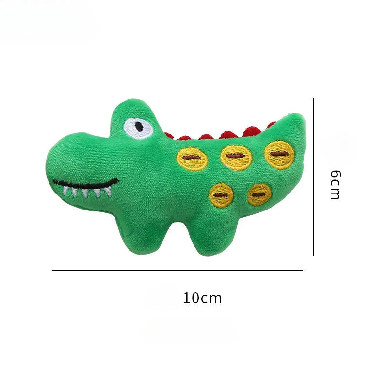 Plush cat toy in cow, crocodile, or parrot shape with colourful fabric and embroidered details.