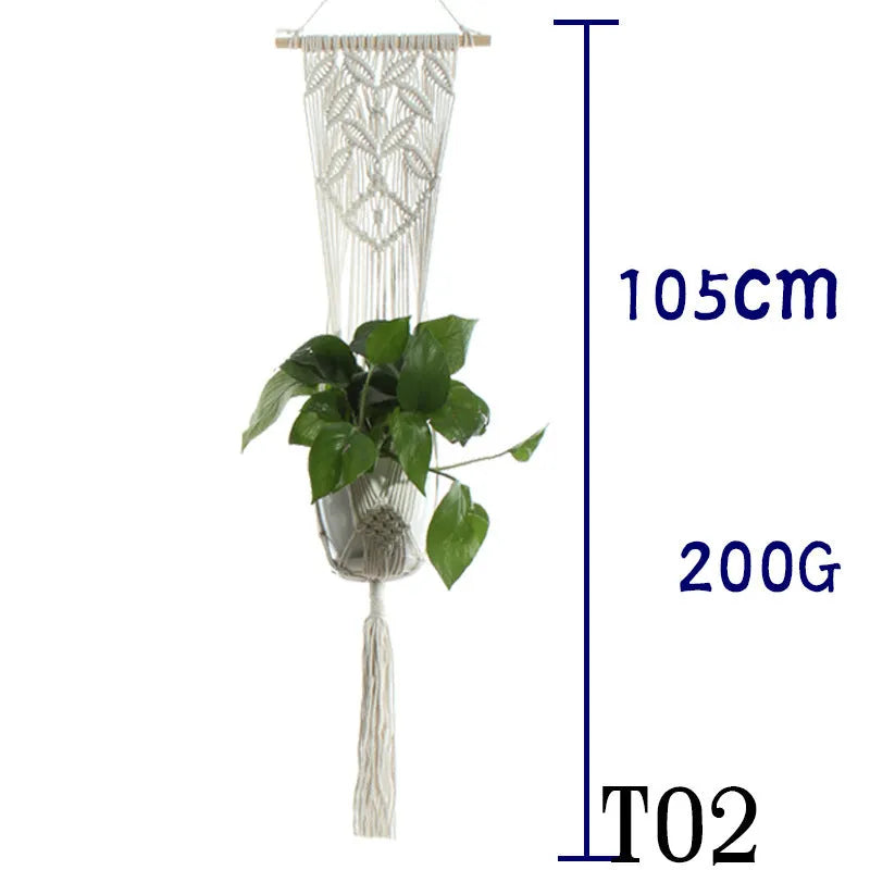 Handmade beige cotton rope net bag holding a plant pot, showing its textured sling design.