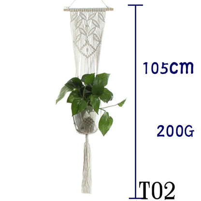 Handmade beige cotton rope net bag holding a plant pot, showing its textured sling design.