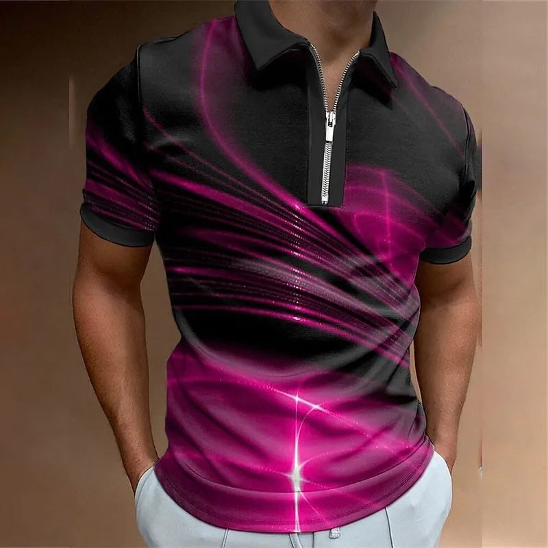 Men's blue short sleeve zip polo shirt with a loose fit, made from polyester bird eye cloth.