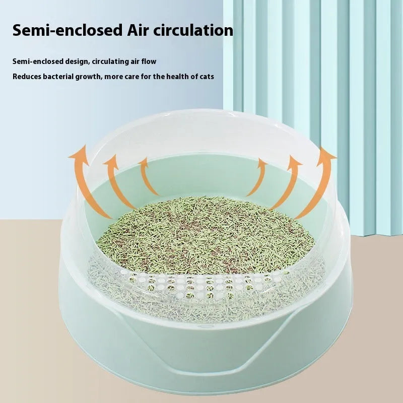 Cat litter box in round deodorant design with removable cover, made from PP plastic, available in mint green and soft fog pink colours, in large and small size options for household pet use