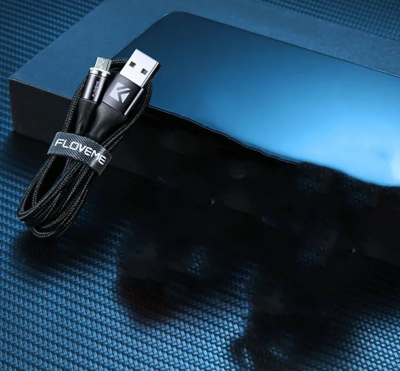 Black magnetic fast charge cable with LED light and three interchangeable tips for iPhone, Android, and Type-C connectors