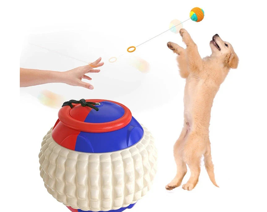 Interactive dog toy with retractable throwing ball, textured dental chew surface, and durable ABS construction