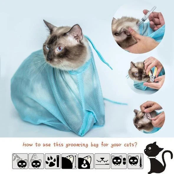 Adjustable polyester cat grooming bag with front zipper for easy access