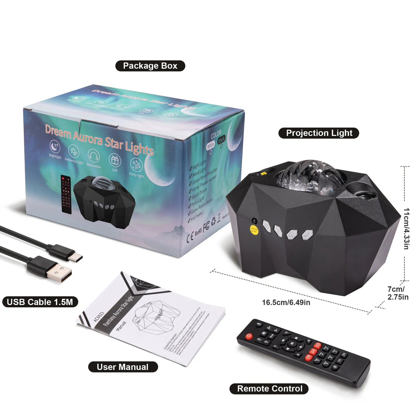 Black and white LED Dream Aurora Borealis light projector with remote control on a table