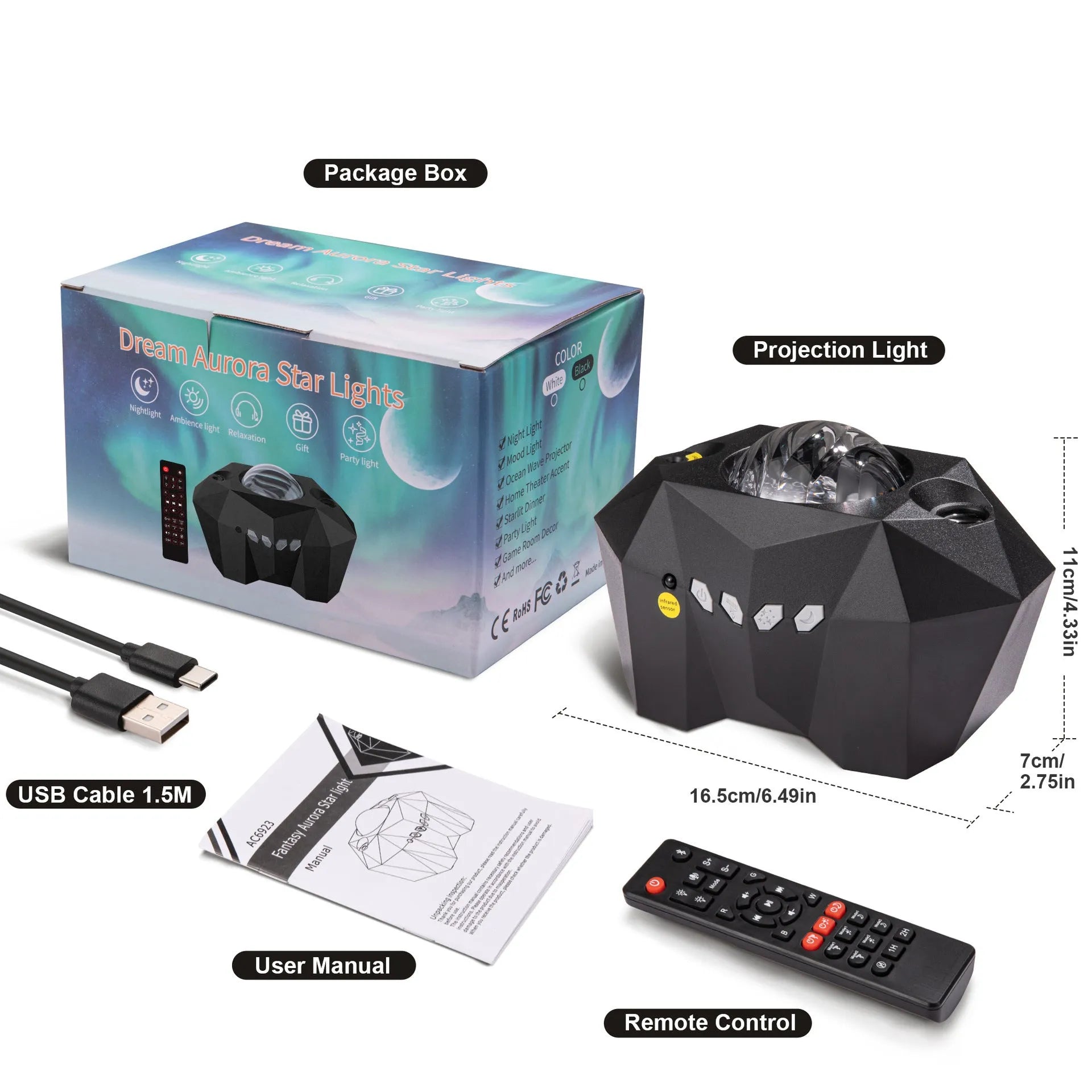 Black and white LED Dream Aurora Borealis light projector with remote control on a table