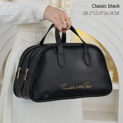 Leather travel toiletry bag with dry-wet separation compartments in caramel mocha colour