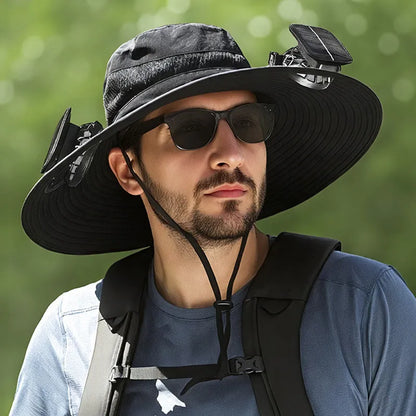 Solar-powered fan hat for men with a wide brim and adjustable chin strap, shown in a neutral colour.