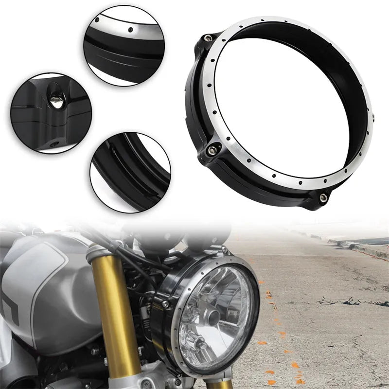 Black CNC aluminium headlight cover for BMW R Nine T Scrambler motorcycle 2014-2017