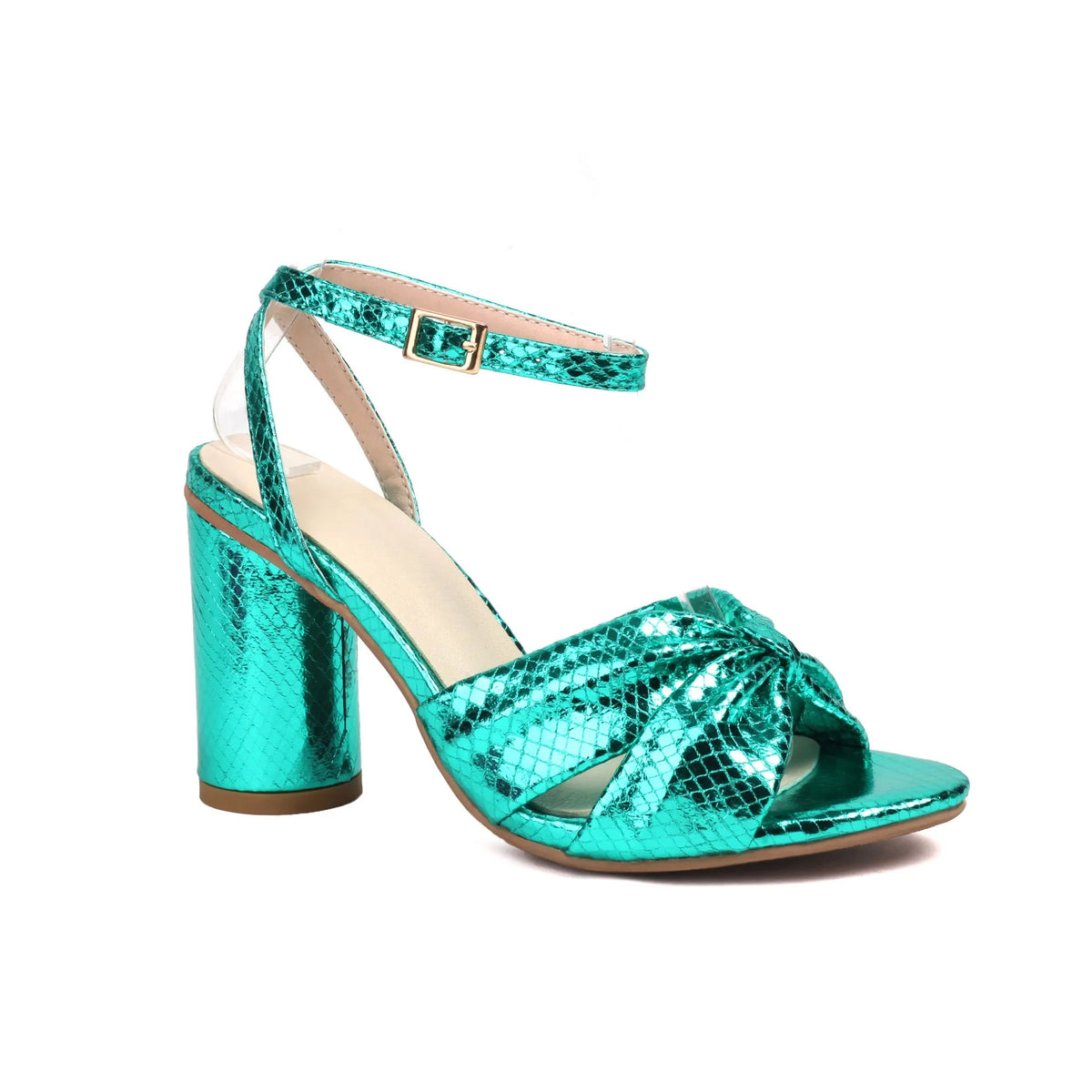 Gold plus size high heel peep toe sandal with an ankle strap buckle on a white background