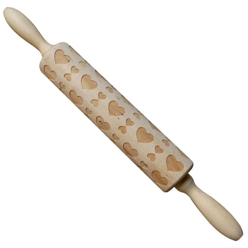 Festive rolling pin with embossed Christmas designs for easy imprinting on dough