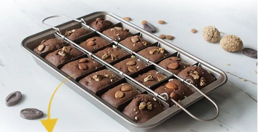 Silver checkered brownie baking pan with square moulds on high carbon steel