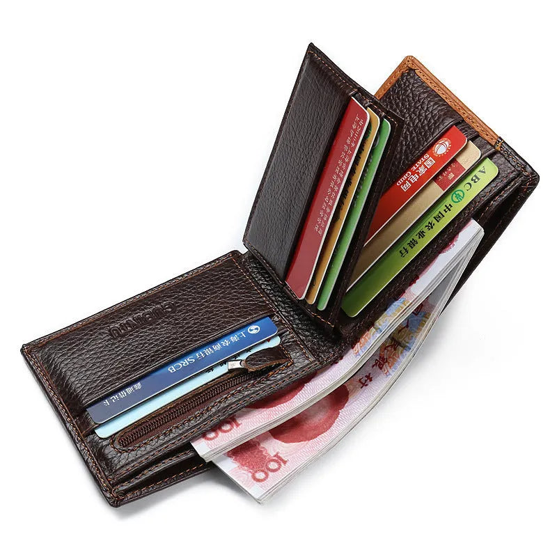 Brown leather wallet with car stitching, open to show bill holder, card slots, and zipper compartment
