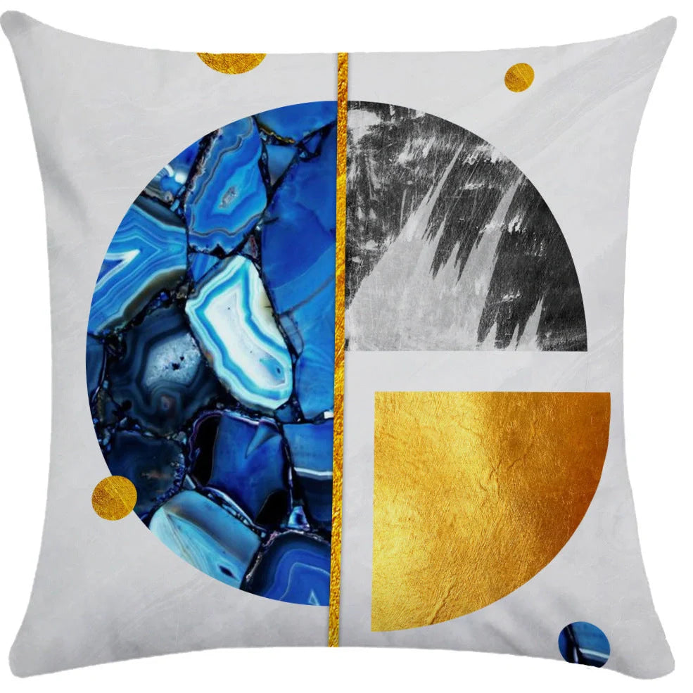 Geometric pattern throw pillow on office sofa showing 45x45cm size with ultra-flexible printing