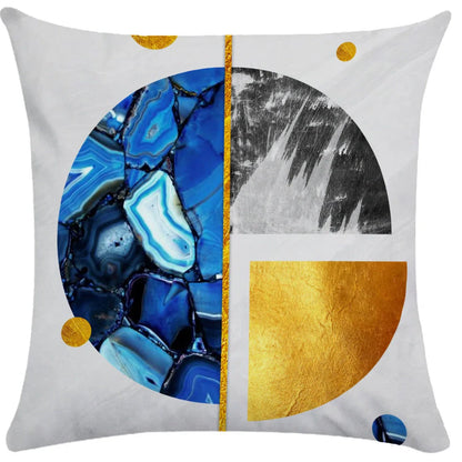 Geometric pattern throw pillow on office sofa showing 45x45cm size with ultra-flexible printing