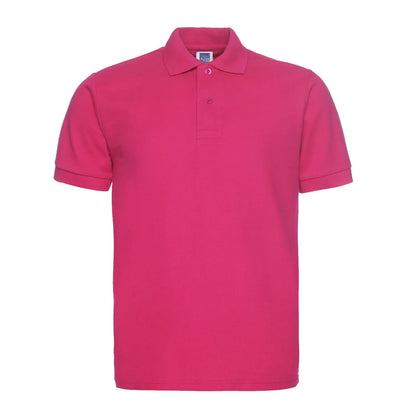 Solid colour plus size short sleeve polo shirt on a hanger, loose fit style.