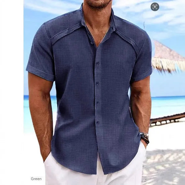 Hawaiian casual short sleeve shirt in solid colour cotton-polyester blend fabric
