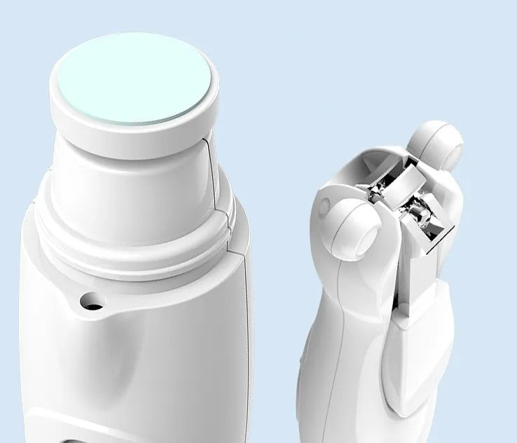 Rechargeable electric baby nail clipper and grinder with 6 interchangeable grinding heads, USB charging, two speed settings, LED light and polymer battery offering 3.5 hours of continuous use, available in green or white
