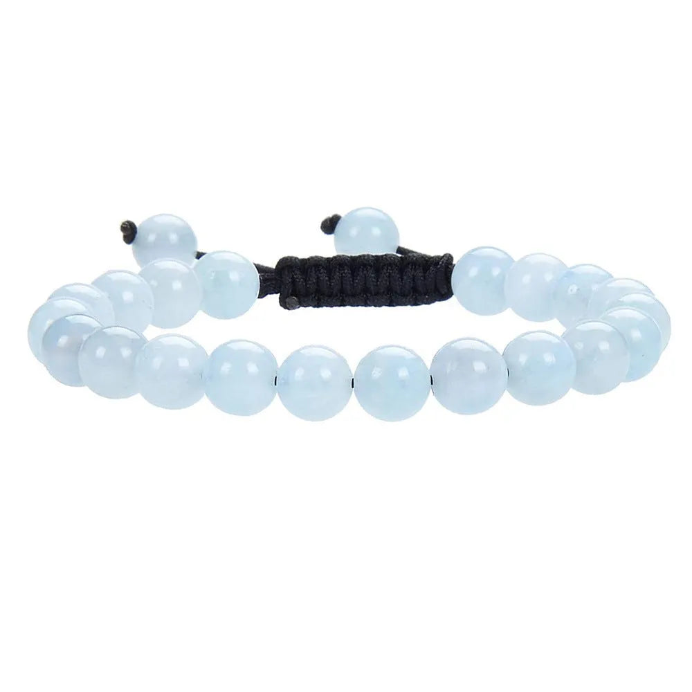 Women's flat knot braided healing bracelet hand-woven with natural gemstone beads in geometric pattern