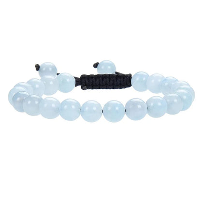 Women's flat knot braided healing bracelet hand-woven with natural gemstone beads in geometric pattern