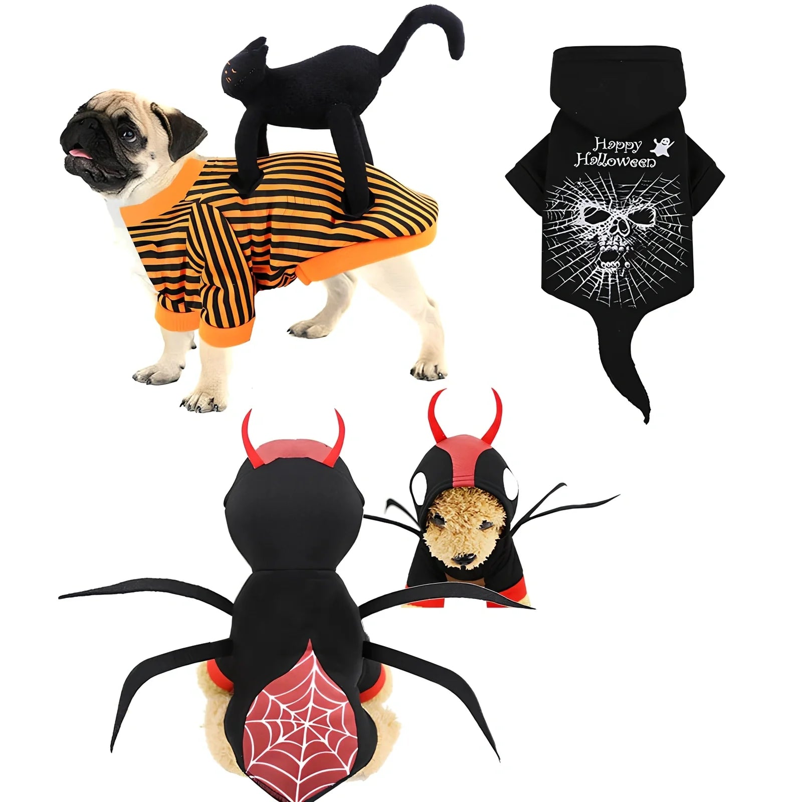 Halloween pet costume with pumpkin design on small cat, available in purple and yellow colours with multiple size options