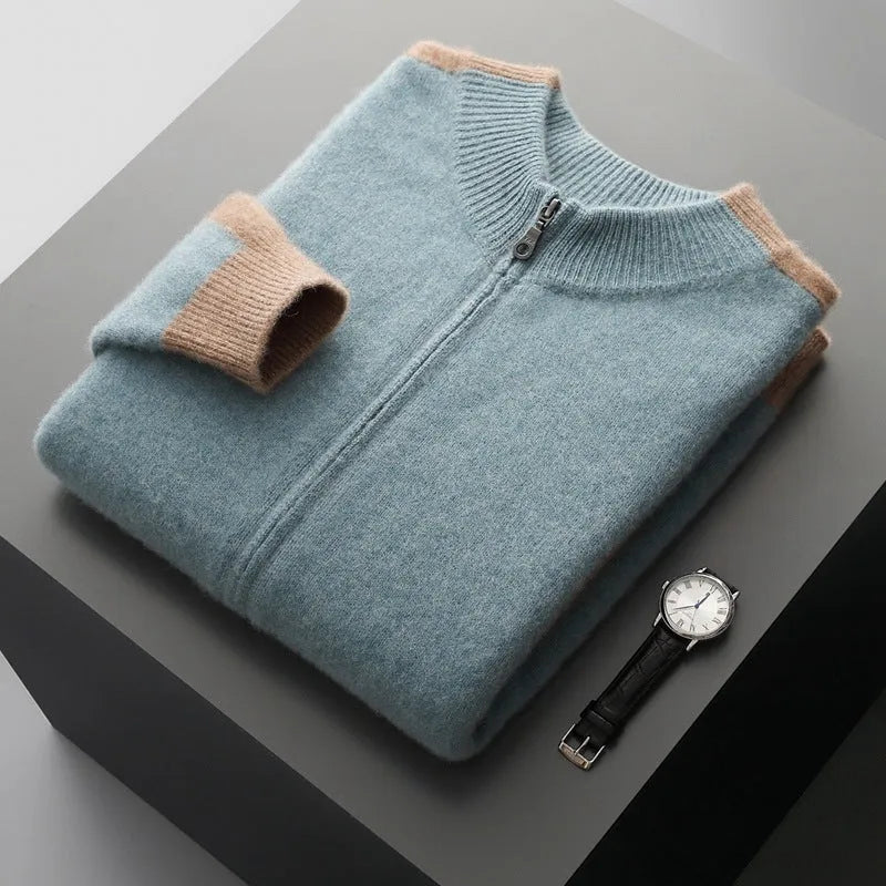Men's half turtleneck zipper cardigan in thickened wool yarn, loose fit, available in four colours