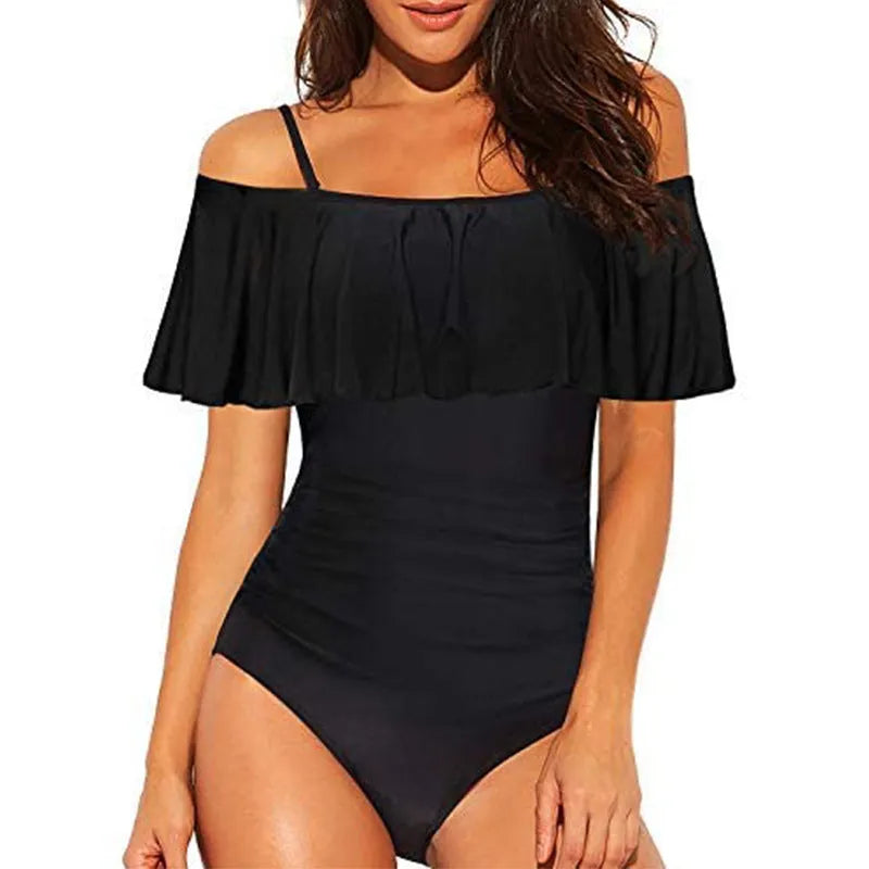 Black one-piece swimsuit with cut-out design and ruffled straps for swimming sports