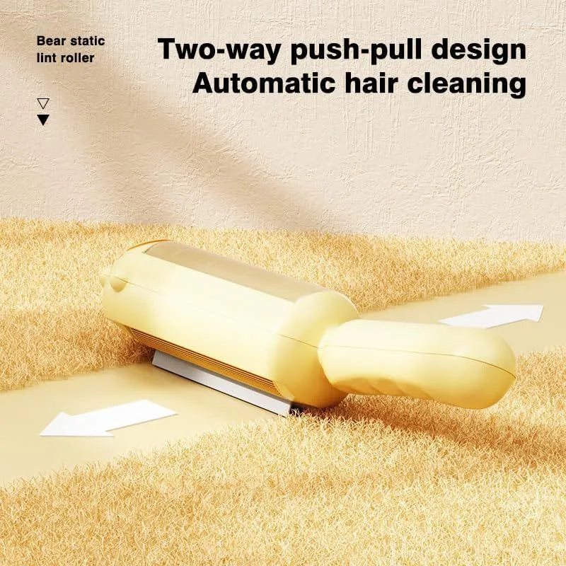 Pet hair remover tool in blue, pink, or yellow with self-cleaning base for removing dog and cat fur from furniture