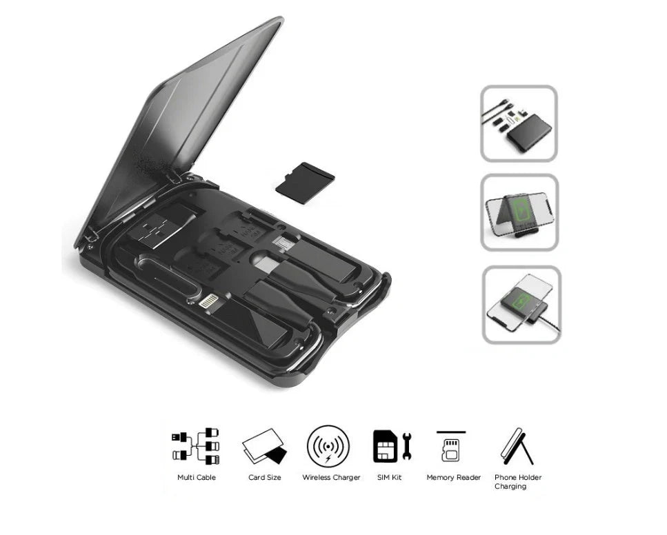 Multifunctional Travel Survival Card All-in-One Data Cable in black, compact design for easy travel