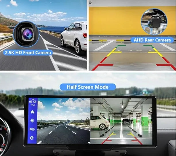 Portable Wireless CarPlay Screen with 2.5K Dash Camera, 1080P Rear Cam, 9.3-inch Ultra HD Android Auto Touchscreen for Car DVR Loop Recording, Bluetooth GPS Navigation and FM Radio