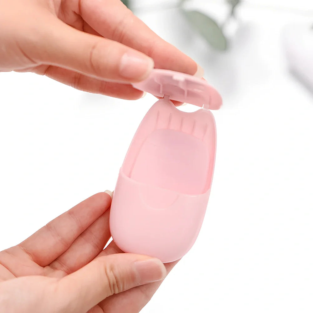 Pack of 50 pink biodegradable soap paper sheets in ABS carton, 8cm x 4.5cm each for portable cleaning