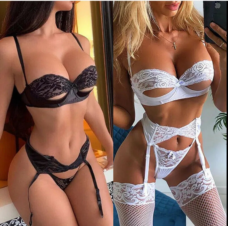 Black and white women's lingerie pajamas set showing front and back views