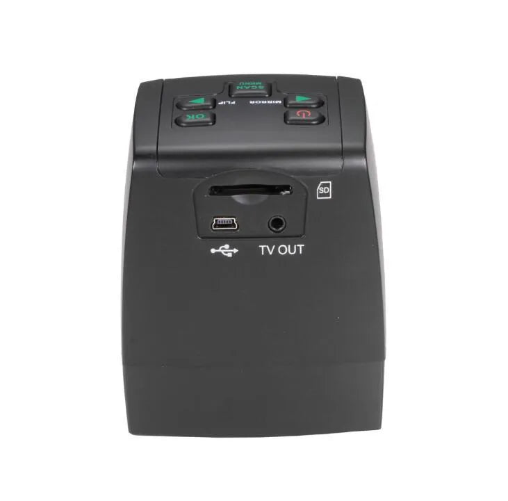 14 megapixel film negative and slide scanner with 2.4-inch LCD screen on a desk.